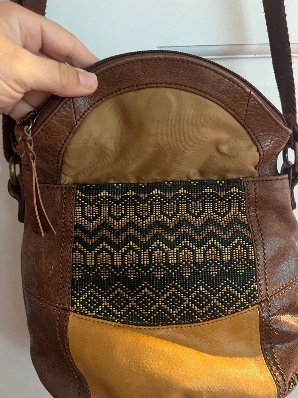 The Sak Deena Flap Brown & Mustard Leather Crossbody Bag with Woven Detail